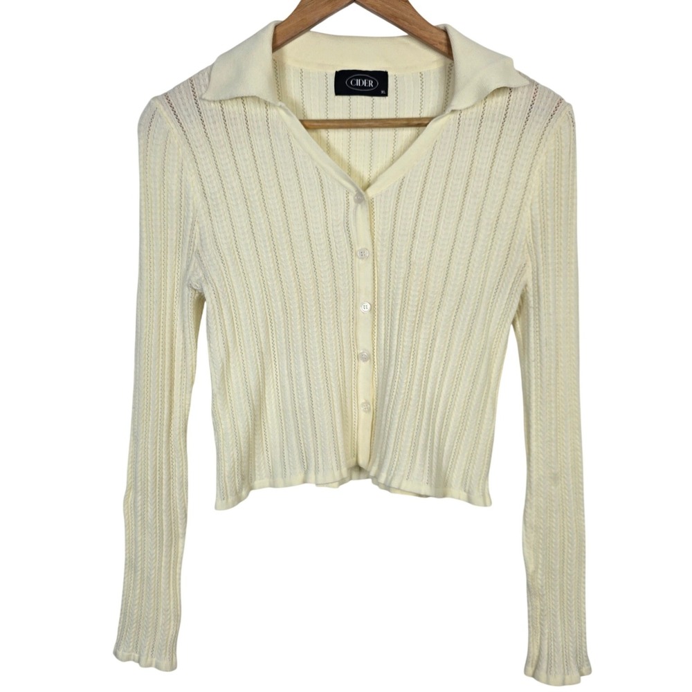 Cider Knit Cardigan‎ Sweater Pastel Yellow Button Up Collar Long Sleeve XL
